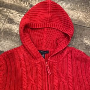 LAND'S END Red Cable Knit Hooded Full Zip Sweater Medium